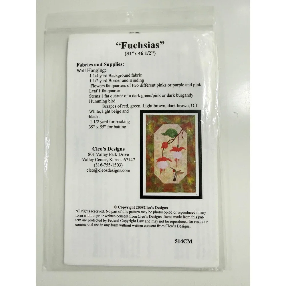 Cleo's Designs Fuchsias Quilt Pattern Unisex OS White Floral Hummingbird 514CM
